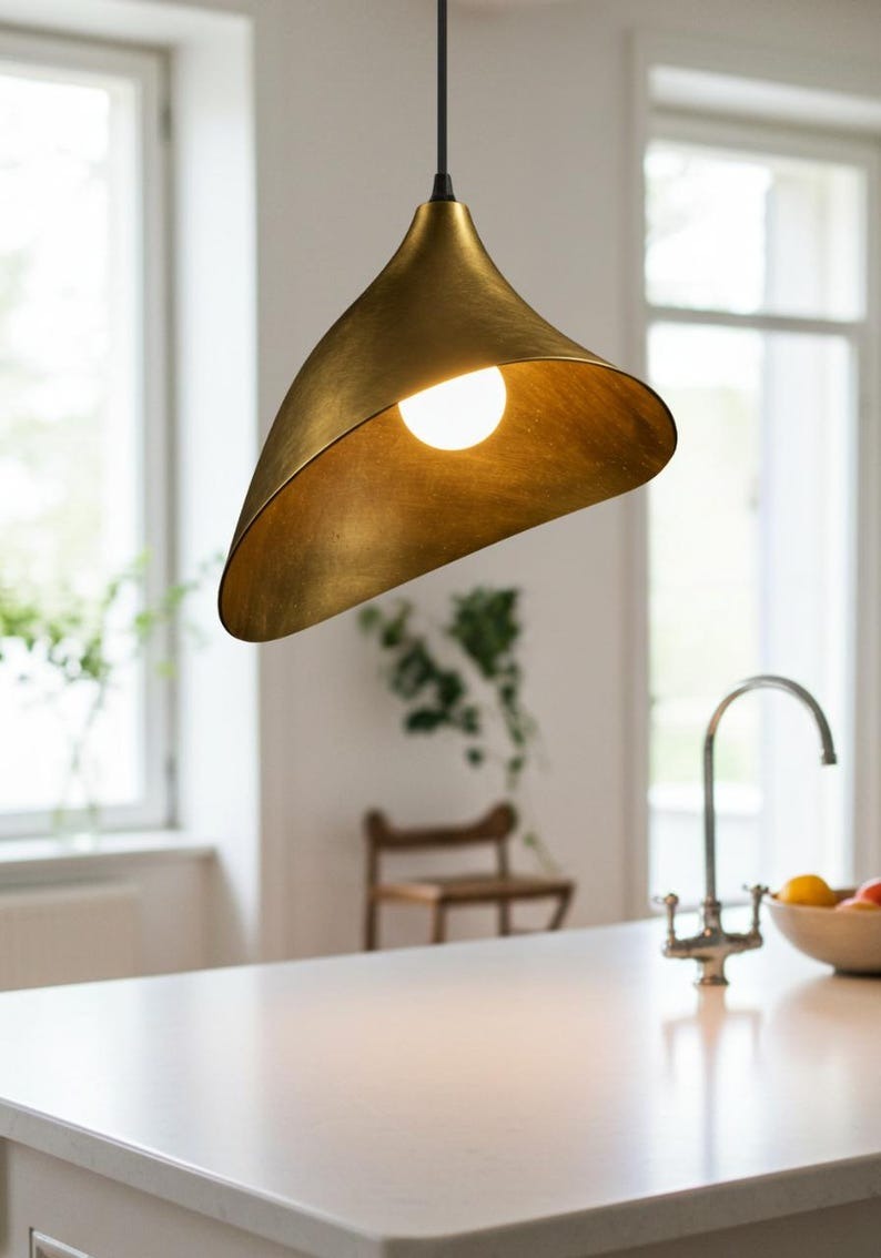Sculptural Brass Cone Pendant Light – Asymmetrical Folded Gold Kitchen Island Chandelier