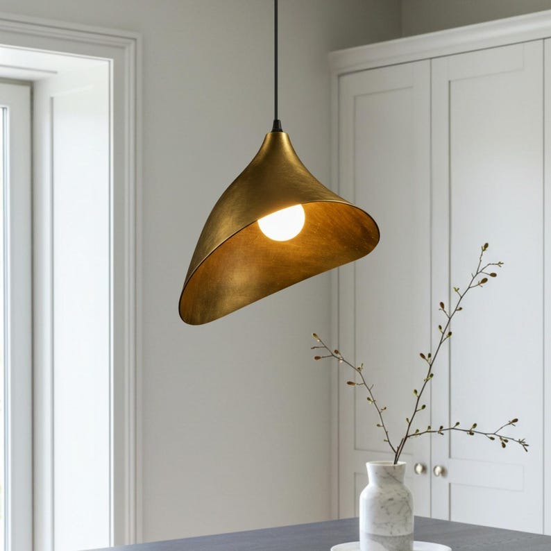 Sculptural Brass Cone Pendant Light – Asymmetrical Folded Gold Kitchen Island Chandelier
