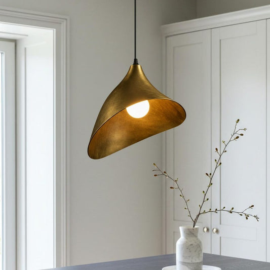 Sculptural Brass Cone Pendant Light – Asymmetrical Folded Gold Kitchen Island Chandelier