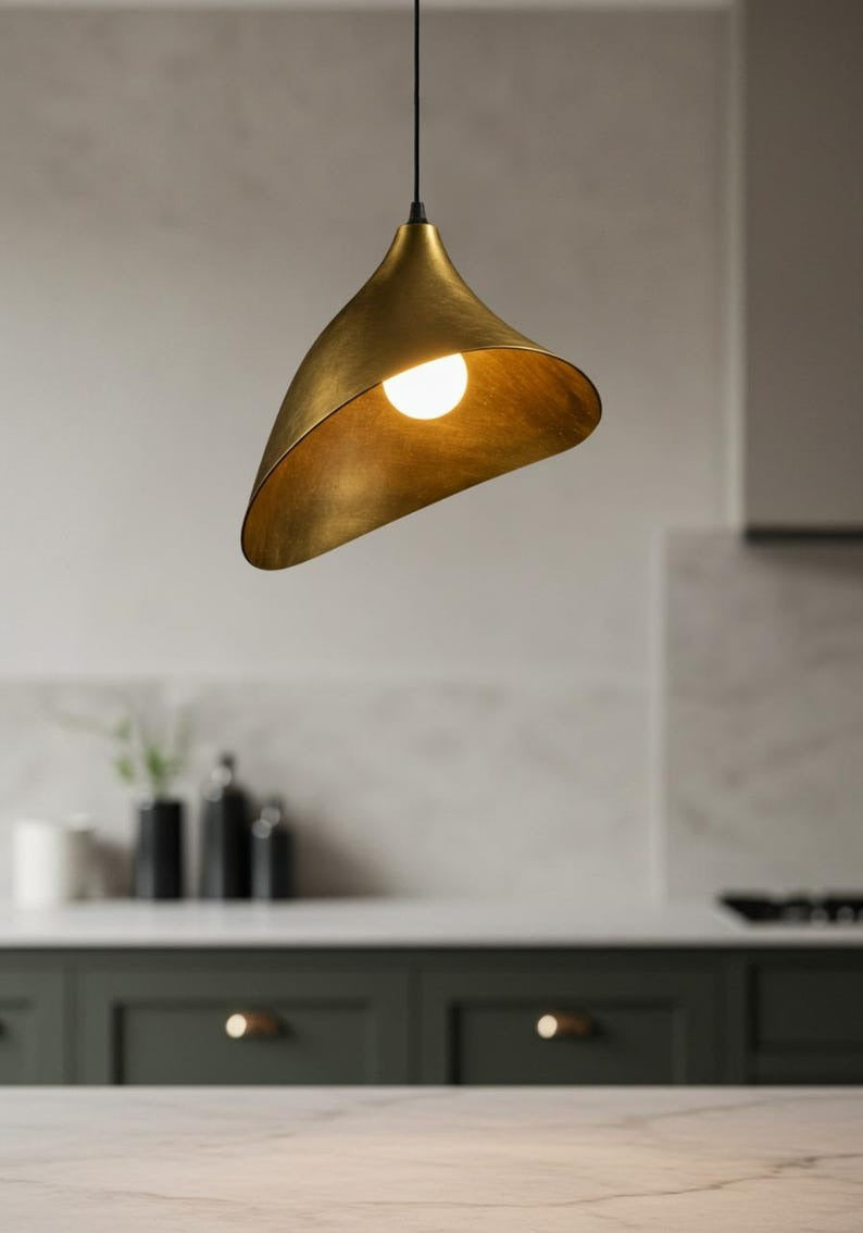 Sculptural Brass Cone Pendant Light – Asymmetrical Folded Gold Kitchen Island Chandelier