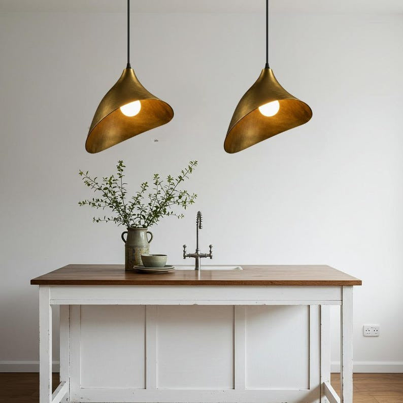 Sculptural Brass Cone Pendant Light – Asymmetrical Folded Gold Kitchen Island Chandelier