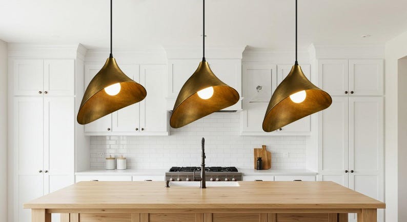 Sculptural Brass Cone Pendant Light – Asymmetrical Folded Gold Kitchen Island Chandelier