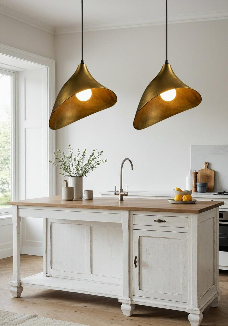 Sculptural Brass Cone Pendant Light – Asymmetrical Folded Gold Kitchen Island Chandelier