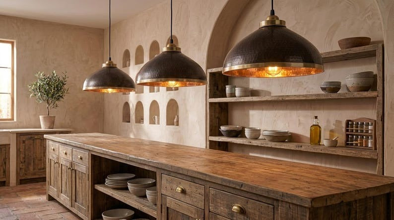 Handmade Brass Moroccan Dome Pendant Light – Black Hammered Brass Hanging Lamp with Copper Interior, Rustic Kitchen Island Ceiling Fixture