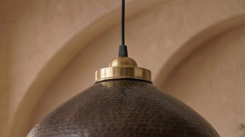 Handmade Brass Moroccan Dome Pendant Light – Black Hammered Brass Hanging Lamp with Copper Interior, Rustic Kitchen Island Ceiling Fixture