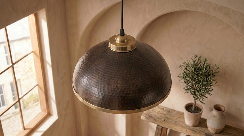 Handmade Brass Moroccan Dome Pendant Light – Black Hammered Brass Hanging Lamp with Copper Interior, Rustic Kitchen Island Ceiling Fixture