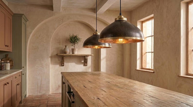 Handmade Brass Moroccan Dome Pendant Light – Black Hammered Brass Hanging Lamp with Copper Interior, Rustic Kitchen Island Ceiling Fixture