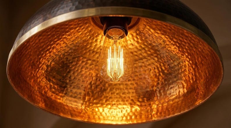 Handmade Brass Moroccan Dome Pendant Light – Black Hammered Brass Hanging Lamp with Copper Interior, Rustic Kitchen Island Ceiling Fixture