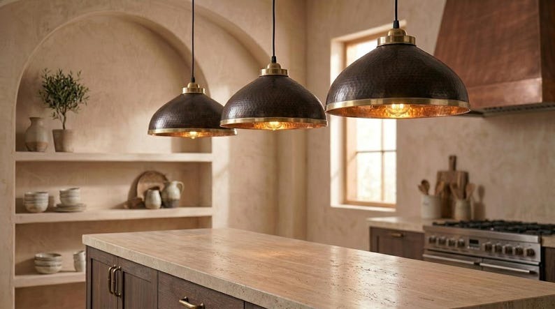 Handmade Brass Moroccan Dome Pendant Light – Black Hammered Brass Hanging Lamp with Copper Interior, Rustic Kitchen Island Ceiling Fixture