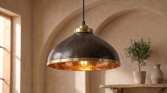 Handmade Brass Moroccan Dome Pendant Light – Black Hammered Brass Hanging Lamp with Copper Interior, Rustic Kitchen Island Ceiling Fixture
