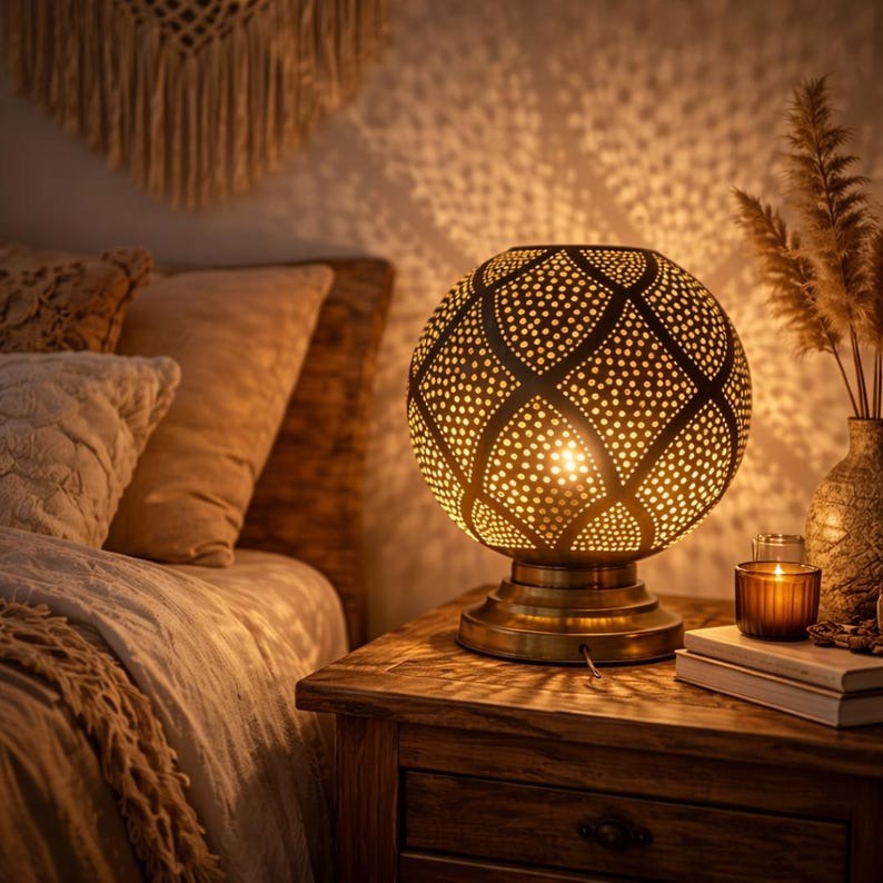 Moroccan Pierced Globe Table Lamp, Handmade Brass Diamond Pattern Bedside Shadow Lamp, Boho Arabic Nightstand Light, Rustic Gold Filigree Decorative Accent Lamp