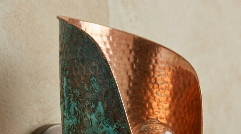 Handmade Moroccan Brass Wall Sconce – Verdigris Patina Copper Brass Wall Light, Artisan Hammered Brass Sconce, Boho Mediterranean Wall Lamp for Bedroom, Hallway, Entryway, Bathroom Vanity & Living Room