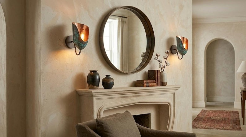 Handmade Moroccan Brass Wall Sconce – Verdigris Patina Copper Brass Wall Light, Artisan Hammered Brass Sconce, Boho Mediterranean Wall Lamp for Bedroom, Hallway, Entryway, Bathroom Vanity & Living Room