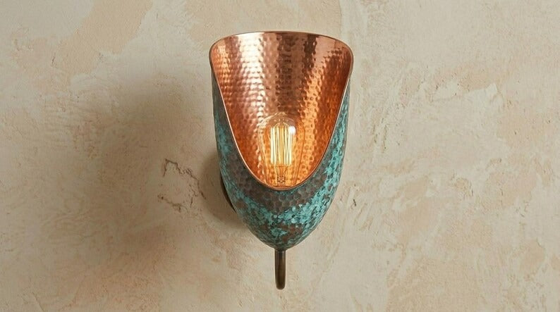Handmade Moroccan Brass Wall Sconce – Verdigris Patina Copper Brass Wall Light, Artisan Hammered Brass Sconce, Boho Mediterranean Wall Lamp for Bedroom, Hallway, Entryway, Bathroom Vanity & Living Room