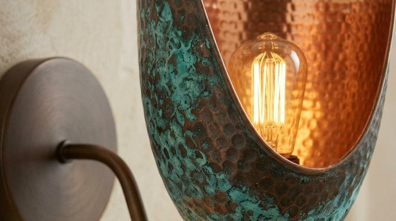 Handmade Moroccan Brass Wall Sconce – Verdigris Patina Copper Brass Wall Light, Artisan Hammered Brass Sconce, Boho Mediterranean Wall Lamp for Bedroom, Hallway, Entryway, Bathroom Vanity & Living Room