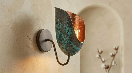 Handmade Moroccan Brass Wall Sconce – Verdigris Patina Copper Brass Wall Light, Artisan Hammered Brass Sconce, Boho Mediterranean Wall Lamp for Bedroom, Hallway, Entryway, Bathroom Vanity & Living Room