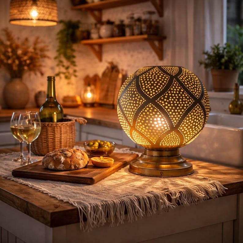 Moroccan Pierced Globe Table Lamp, Handmade Brass Diamond Pattern Bedside Shadow Lamp, Boho Arabic Nightstand Light, Rustic Gold Filigree Decorative Accent Lamp