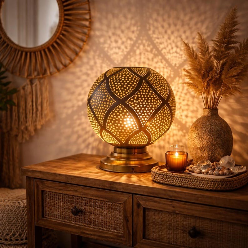 Moroccan Pierced Globe Table Lamp, Handmade Brass Diamond Pattern Bedside Shadow Lamp, Boho Arabic Nightstand Light, Rustic Gold Filigree Decorative Accent Lamp