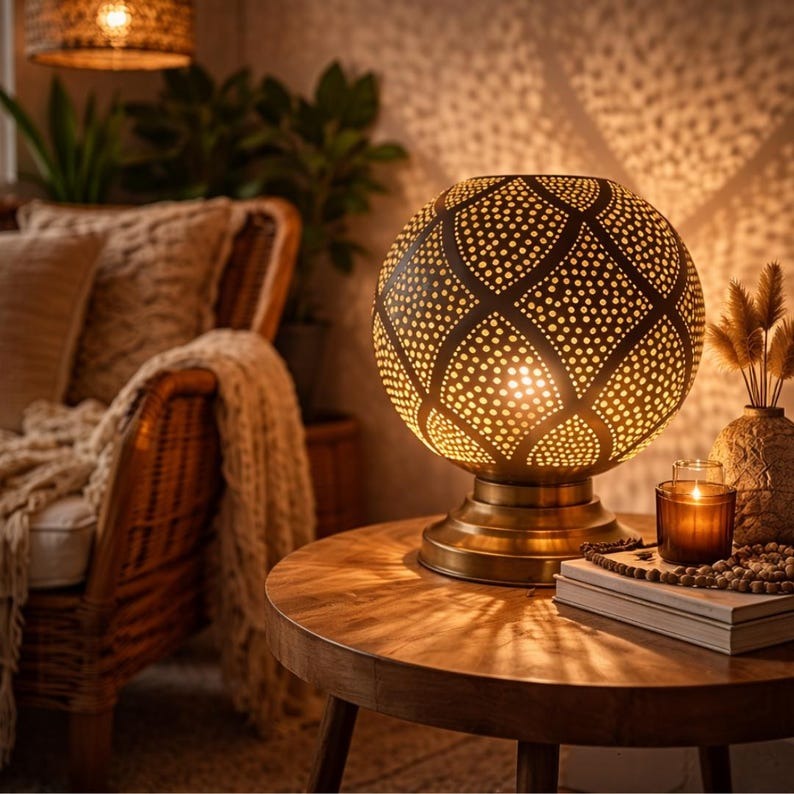 Moroccan Pierced Globe Table Lamp, Handmade Brass Diamond Pattern Bedside Shadow Lamp, Boho Arabic Nightstand Light, Rustic Gold Filigree Decorative Accent Lamp