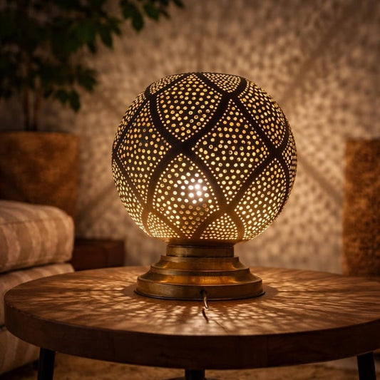 Moroccan Pierced Globe Table Lamp, Handmade Brass Diamond Pattern Bedside Shadow Lamp, Boho Arabic Nightstand Light, Rustic Gold Filigree Decorative Accent Lamp