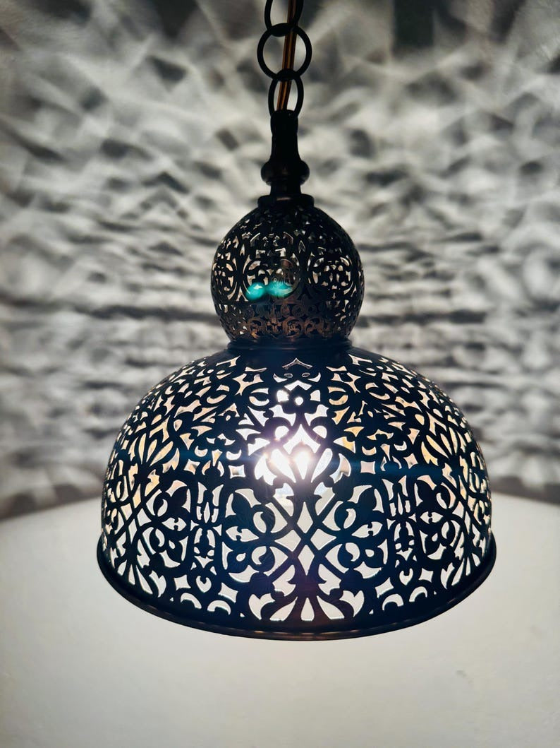Brass Moroccan Pierced Dome Pendant Light, Handmade Moorish Filigree Hanging Lamp, Boho Arabic Shadow Chandelier, Rustic Metal Ceiling Light Fixture