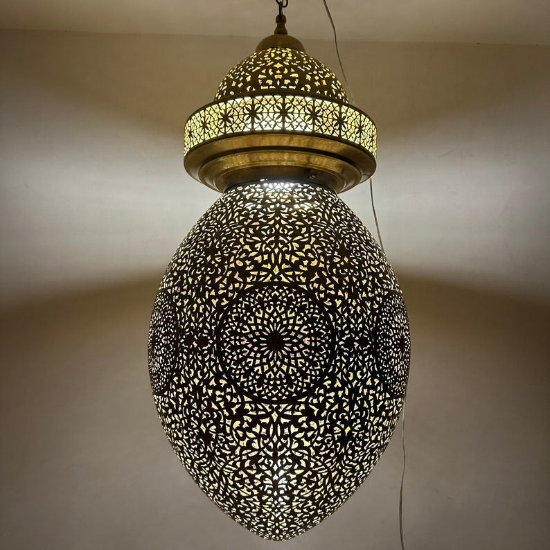 Large Moroccan Pierced Brass Egg Lantern Chandelier, Handmade Moorish Floral Pendant Light, Luxury Gold Arabic Hanging Lamp, Boho Filigree Shadow Ceiling Light Fixture