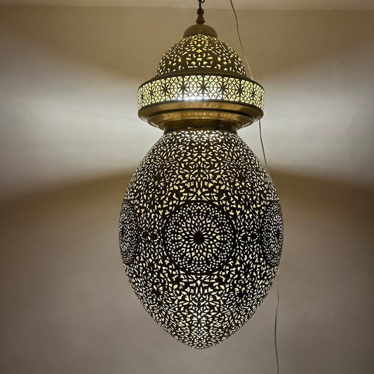Large Moroccan Pierced Brass Egg Lantern Chandelier, Handmade Moorish Floral Pendant Light, Luxury Gold Arabic Hanging Lamp, Boho Filigree Shadow Ceiling Light Fixture