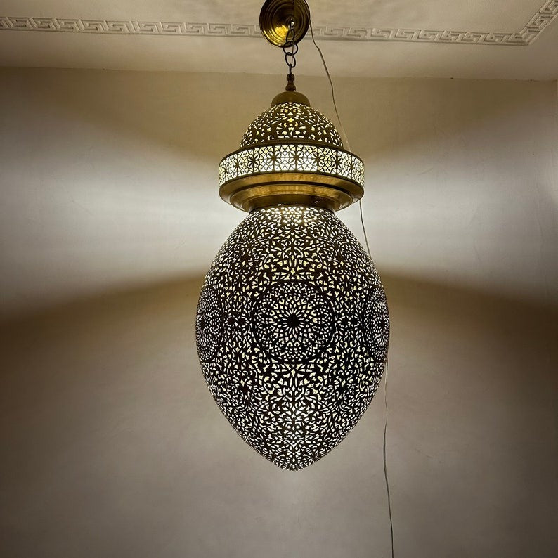 Large Moroccan Pierced Brass Egg Lantern Chandelier, Handmade Moorish Floral Pendant Light, Luxury Gold Arabic Hanging Lamp, Boho Filigree Shadow Ceiling Light Fixture
