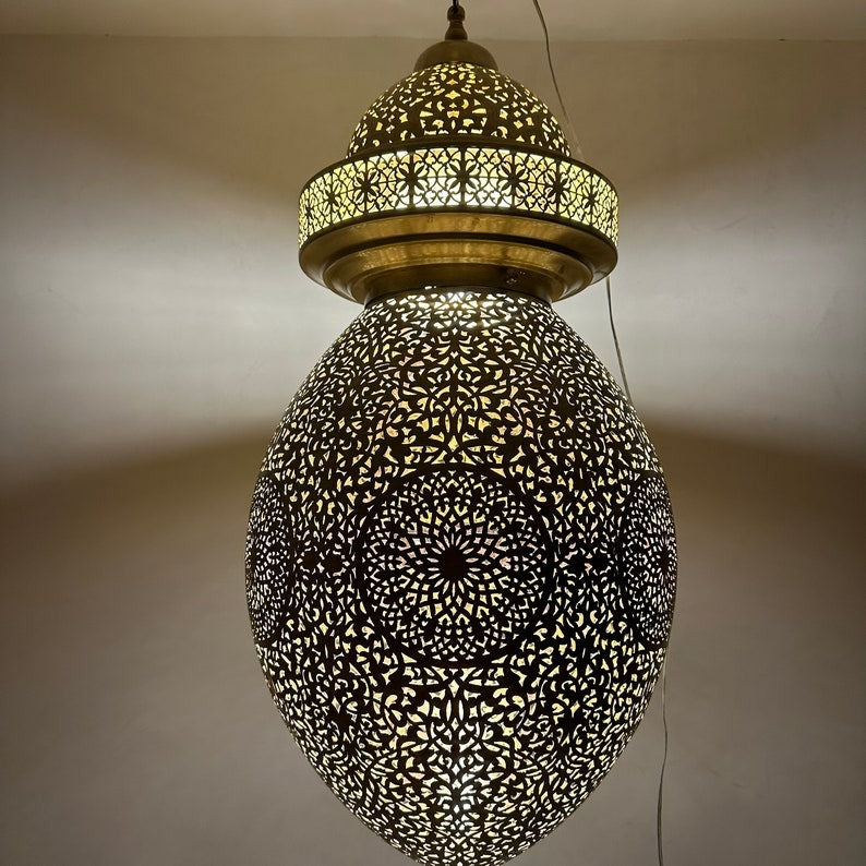 Large Moroccan Pierced Brass Egg Lantern Chandelier, Handmade Moorish Floral Pendant Light, Luxury Gold Arabic Hanging Lamp, Boho Filigree Shadow Ceiling Light Fixture