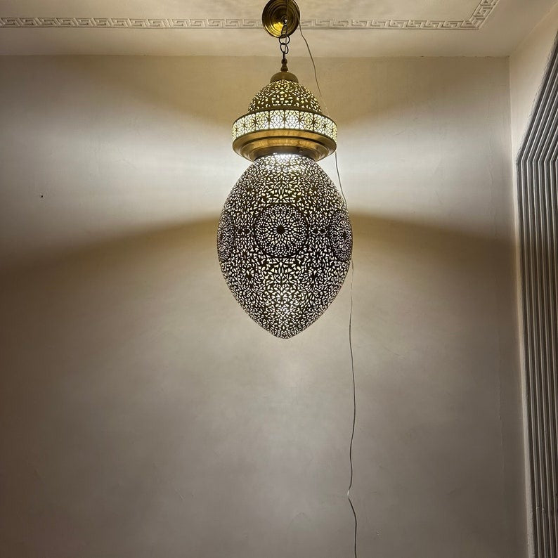 Large Moroccan Pierced Brass Egg Lantern Chandelier, Handmade Moorish Floral Pendant Light, Luxury Gold Arabic Hanging Lamp, Boho Filigree Shadow Ceiling Light Fixture