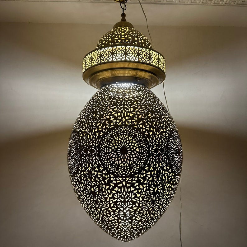 Large Moroccan Pierced Brass Egg Lantern Chandelier, Handmade Moorish Floral Pendant Light, Luxury Gold Arabic Hanging Lamp, Boho Filigree Shadow Ceiling Light Fixture