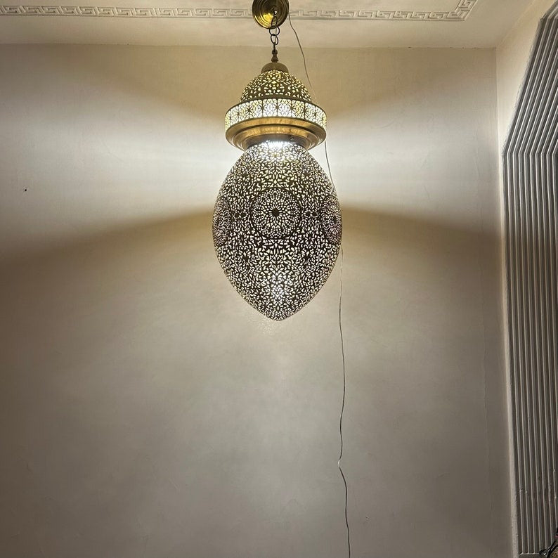 Large Moroccan Pierced Brass Egg Lantern Chandelier, Handmade Moorish Floral Pendant Light, Luxury Gold Arabic Hanging Lamp, Boho Filigree Shadow Ceiling Light Fixture