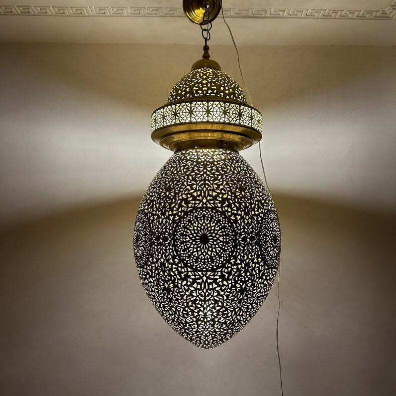Large Moroccan Pierced Brass Egg Lantern Chandelier, Handmade Moorish Floral Pendant Light, Luxury Gold Arabic Hanging Lamp, Boho Filigree Shadow Ceiling Light Fixture