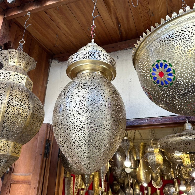 Large Moroccan Pierced Brass Egg Lantern Chandelier, Handmade Moorish Floral Pendant Light, Luxury Gold Arabic Hanging Lamp, Boho Filigree Shadow Ceiling Light Fixture