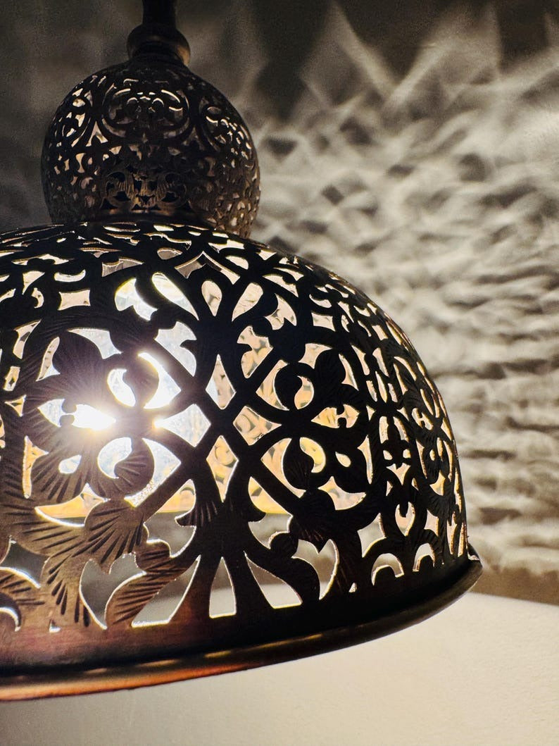 Brass Moroccan Pierced Dome Pendant Light, Handmade Moorish Filigree Hanging Lamp, Boho Arabic Shadow Chandelier, Rustic Metal Ceiling Light Fixture