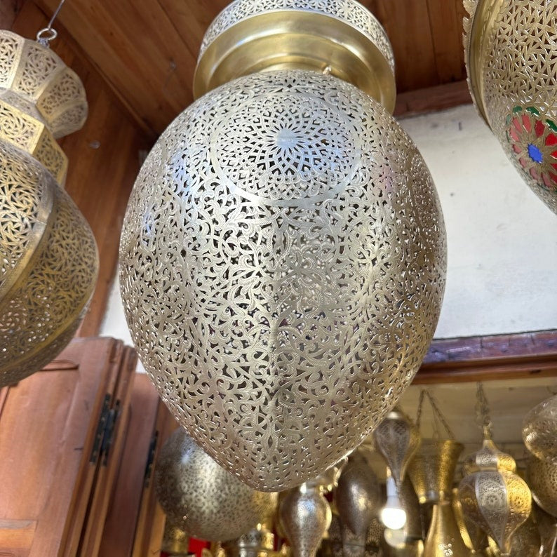 Large Moroccan Pierced Brass Egg Lantern Chandelier, Handmade Moorish Floral Pendant Light, Luxury Gold Arabic Hanging Lamp, Boho Filigree Shadow Ceiling Light Fixture