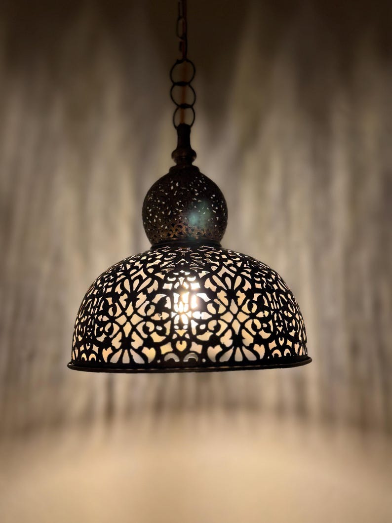 Brass Moroccan Pierced Dome Pendant Light, Handmade Moorish Filigree Hanging Lamp, Boho Arabic Shadow Chandelier, Rustic Metal Ceiling Light Fixture