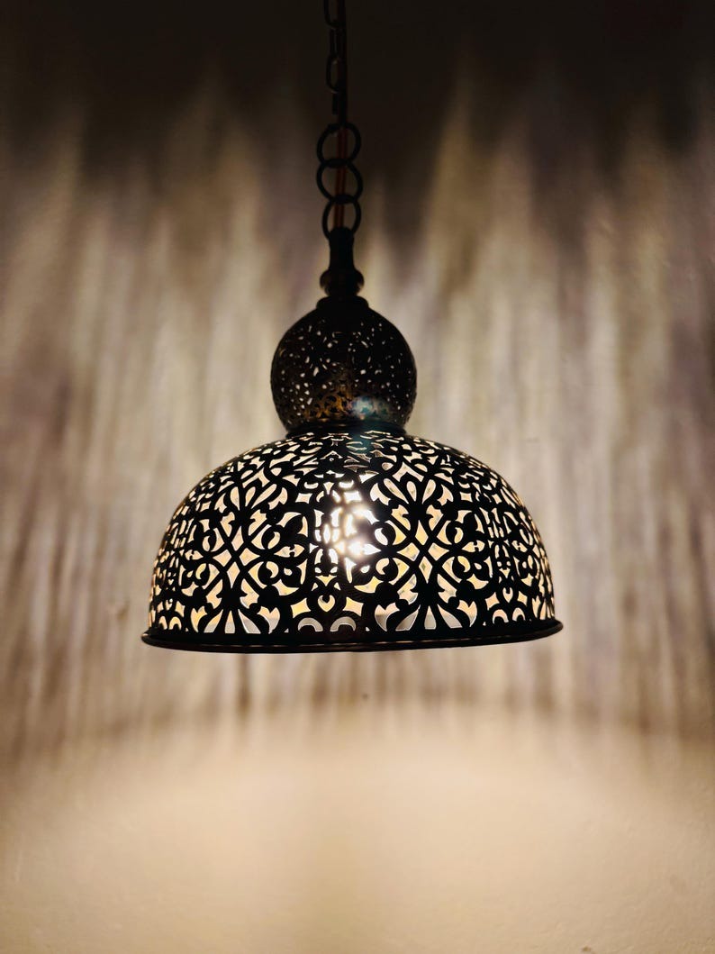 Brass Moroccan Pierced Dome Pendant Light, Handmade Moorish Filigree Hanging Lamp, Boho Arabic Shadow Chandelier, Rustic Metal Ceiling Light Fixture