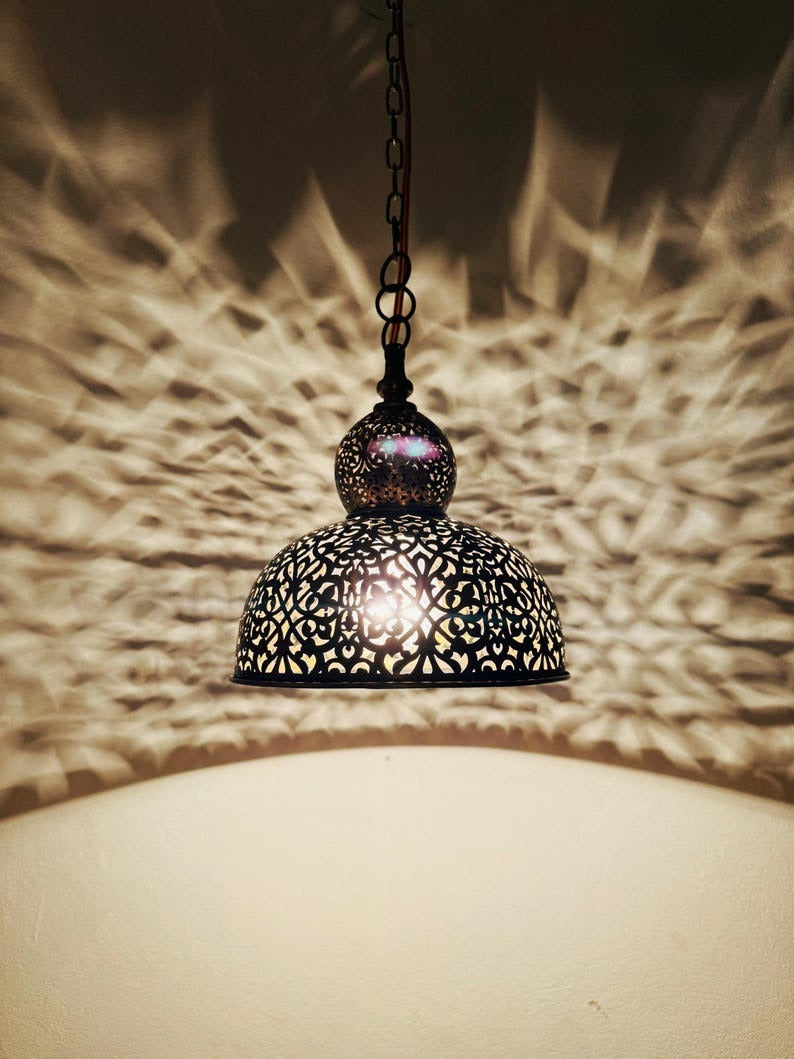 Brass Moroccan Pierced Dome Pendant Light, Handmade Moorish Filigree Hanging Lamp, Boho Arabic Shadow Chandelier, Rustic Metal Ceiling Light Fixture