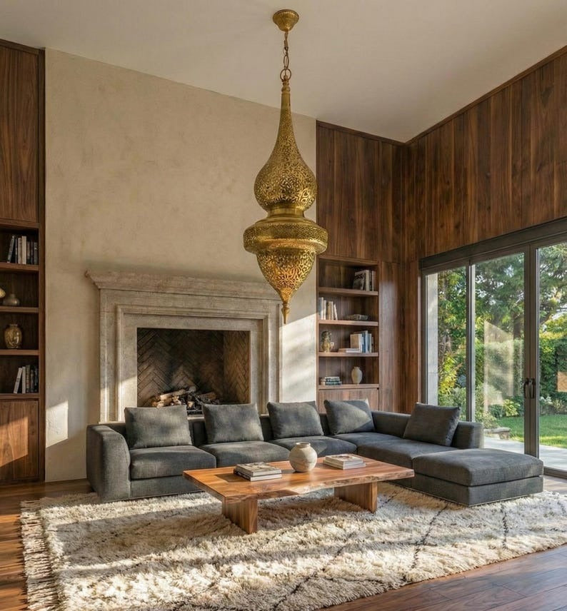 Moroccan Pierced Brass Lantern Pendant Light, Handmade Moorish Gold Hanging Chandelier, Boho Arabic Shadow Lamp, Rustic Filigree Ceiling Light Fixture