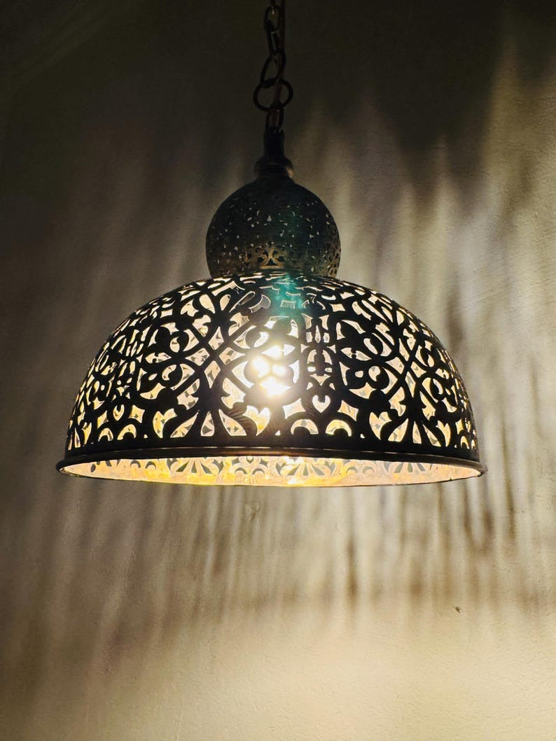 Brass Moroccan Pierced Dome Pendant Light, Handmade Moorish Filigree Hanging Lamp, Boho Arabic Shadow Chandelier, Rustic Metal Ceiling Light Fixture