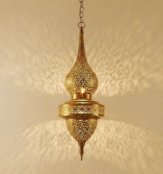 Moroccan Pierced Brass Lantern Pendant Light, Handmade Moorish Gold Hanging Chandelier, Boho Arabic Shadow Lamp, Rustic Filigree Ceiling Light Fixture
