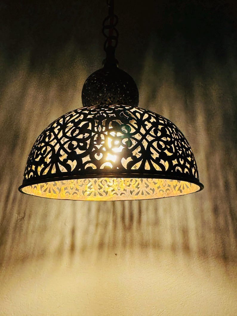Brass Moroccan Pierced Dome Pendant Light, Handmade Moorish Filigree Hanging Lamp, Boho Arabic Shadow Chandelier, Rustic Metal Ceiling Light Fixture
