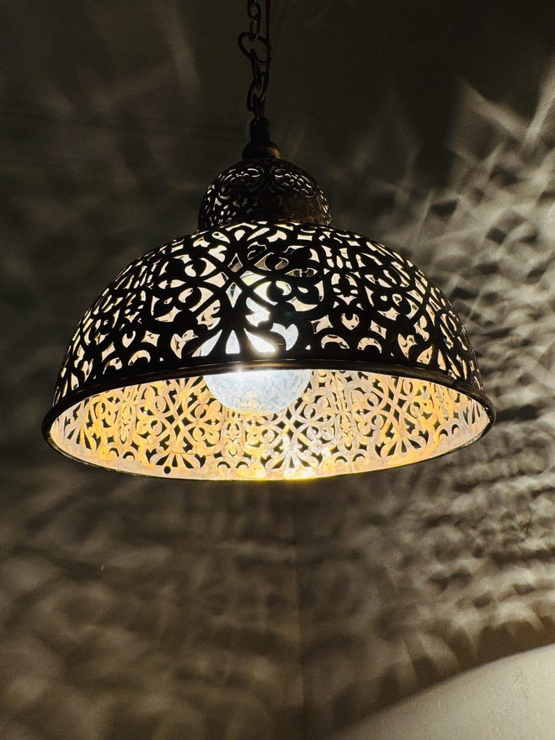 Brass Moroccan Pierced Dome Pendant Light, Handmade Moorish Filigree Hanging Lamp, Boho Arabic Shadow Chandelier, Rustic Metal Ceiling Light Fixture
