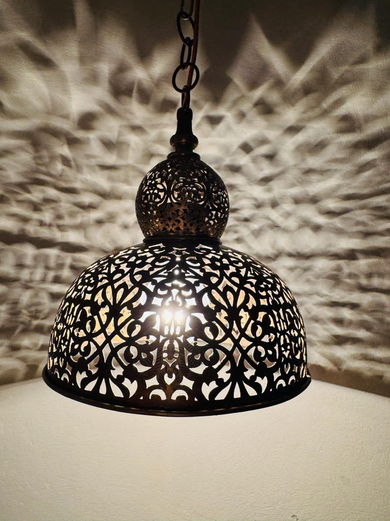 Brass Moroccan Pierced Dome Pendant Light, Handmade Moorish Filigree Hanging Lamp, Boho Arabic Shadow Chandelier, Rustic Metal Ceiling Light Fixture