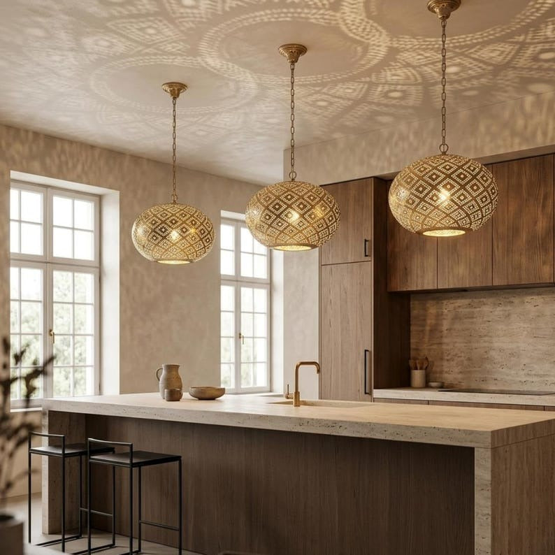 Moroccan Pierced Brass Globe Pendant Light, Handmade Moorish Diamond Pattern Hanging Lamp, Boho Arabic Shadow Chandelier, Gold Filigree Ceiling Light Fixture