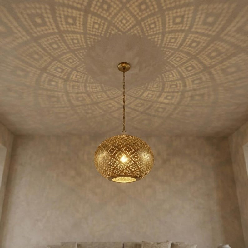 Moroccan Pierced Brass Globe Pendant Light, Handmade Moorish Diamond Pattern Hanging Lamp, Boho Arabic Shadow Chandelier, Gold Filigree Ceiling Light Fixture