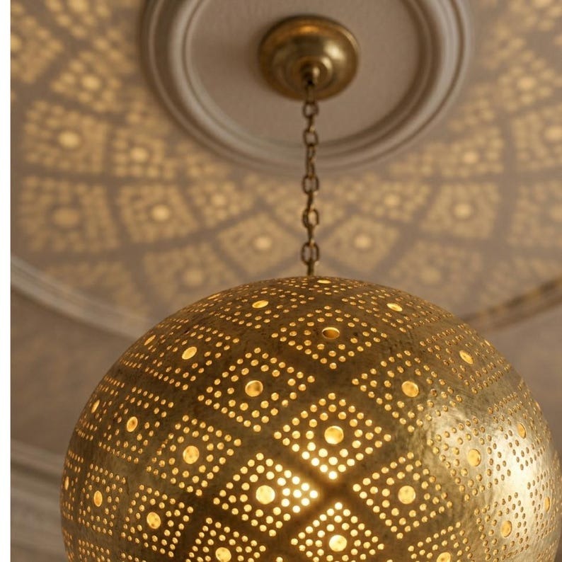 Moroccan Pierced Brass Globe Pendant Light, Handmade Moorish Diamond Pattern Hanging Lamp, Boho Arabic Shadow Chandelier, Gold Filigree Ceiling Light Fixture