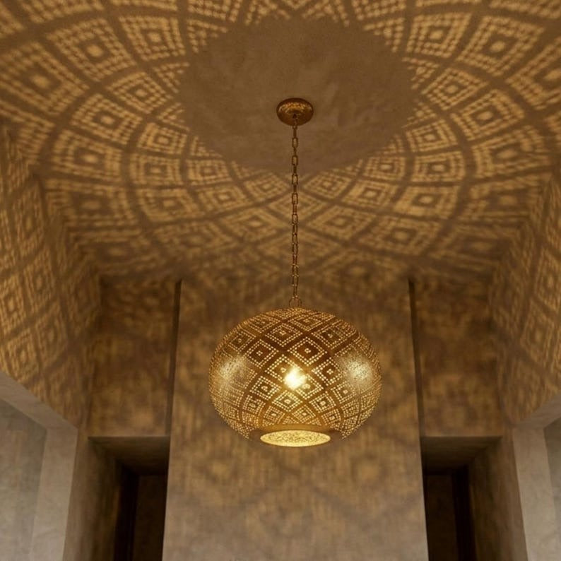 Moroccan Pierced Brass Globe Pendant Light, Handmade Moorish Diamond Pattern Hanging Lamp, Boho Arabic Shadow Chandelier, Gold Filigree Ceiling Light Fixture