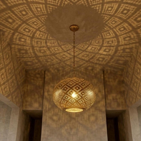 Moroccan Pierced Brass Globe Pendant Light, Handmade Moorish Diamond Pattern Hanging Lamp, Boho Arabic Shadow Chandelier, Gold Filigree Ceiling Light Fixture